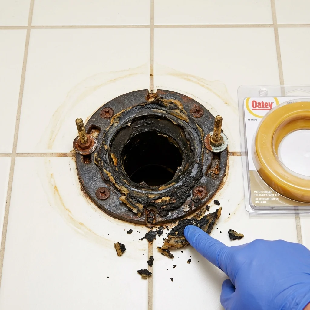Failed wax ring showing water seepage at the base of a toilet in a Thorndale, TX home