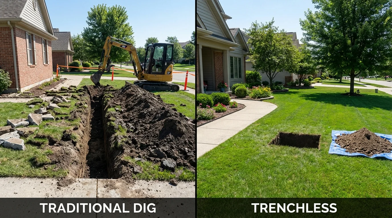 Trenchless sewer repair with minimal yard damage versus traditional excavation in Thorndale, TX