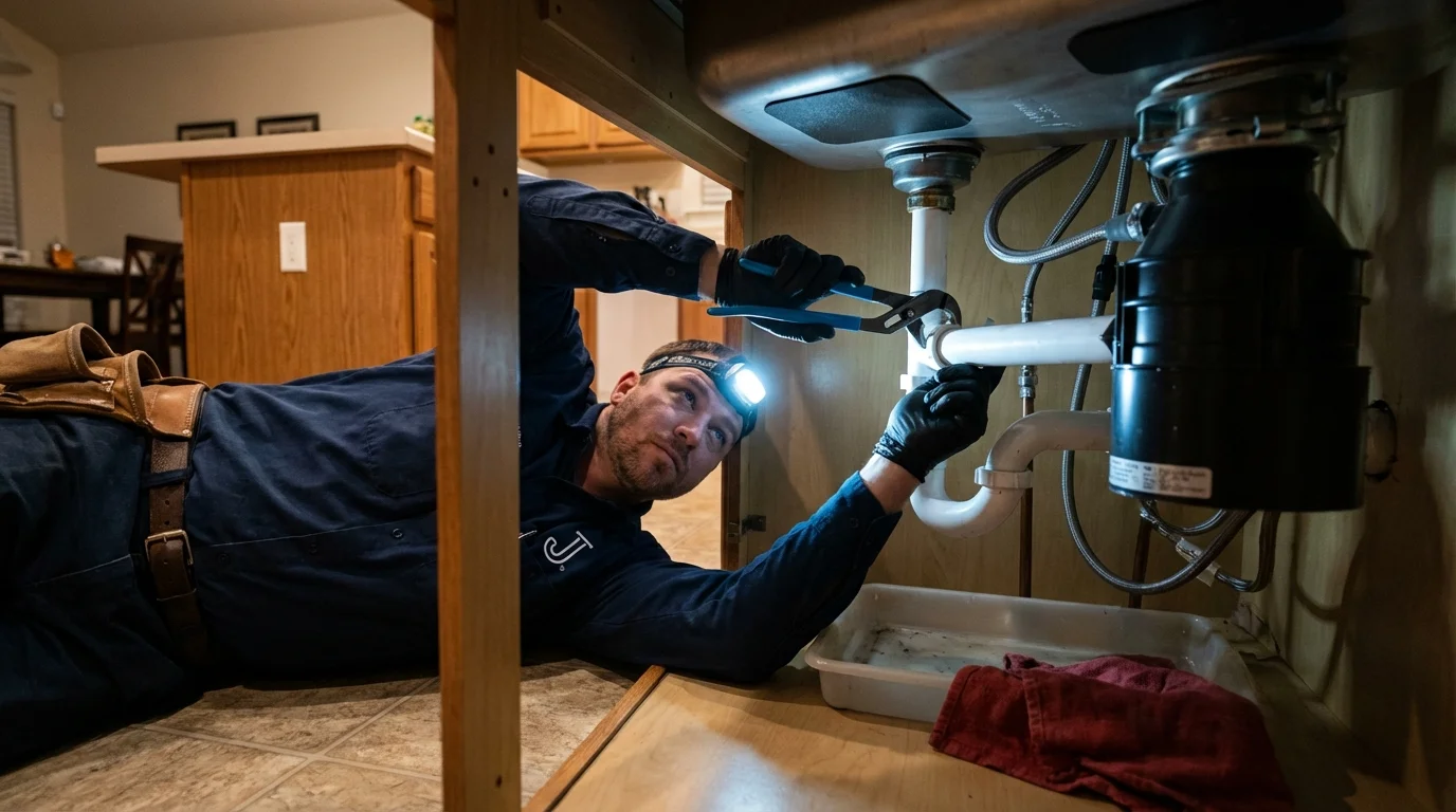 P-trap and supply line connections under a kitchen sink showing a common leak point in Thorndale, TX